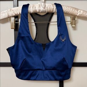 Lucas Hugh London Satin Racerback Sports Bra Navy Blue Mesh -Luxury Activewear